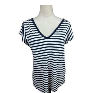 White House Black Market black and white stripes v neck top size medium